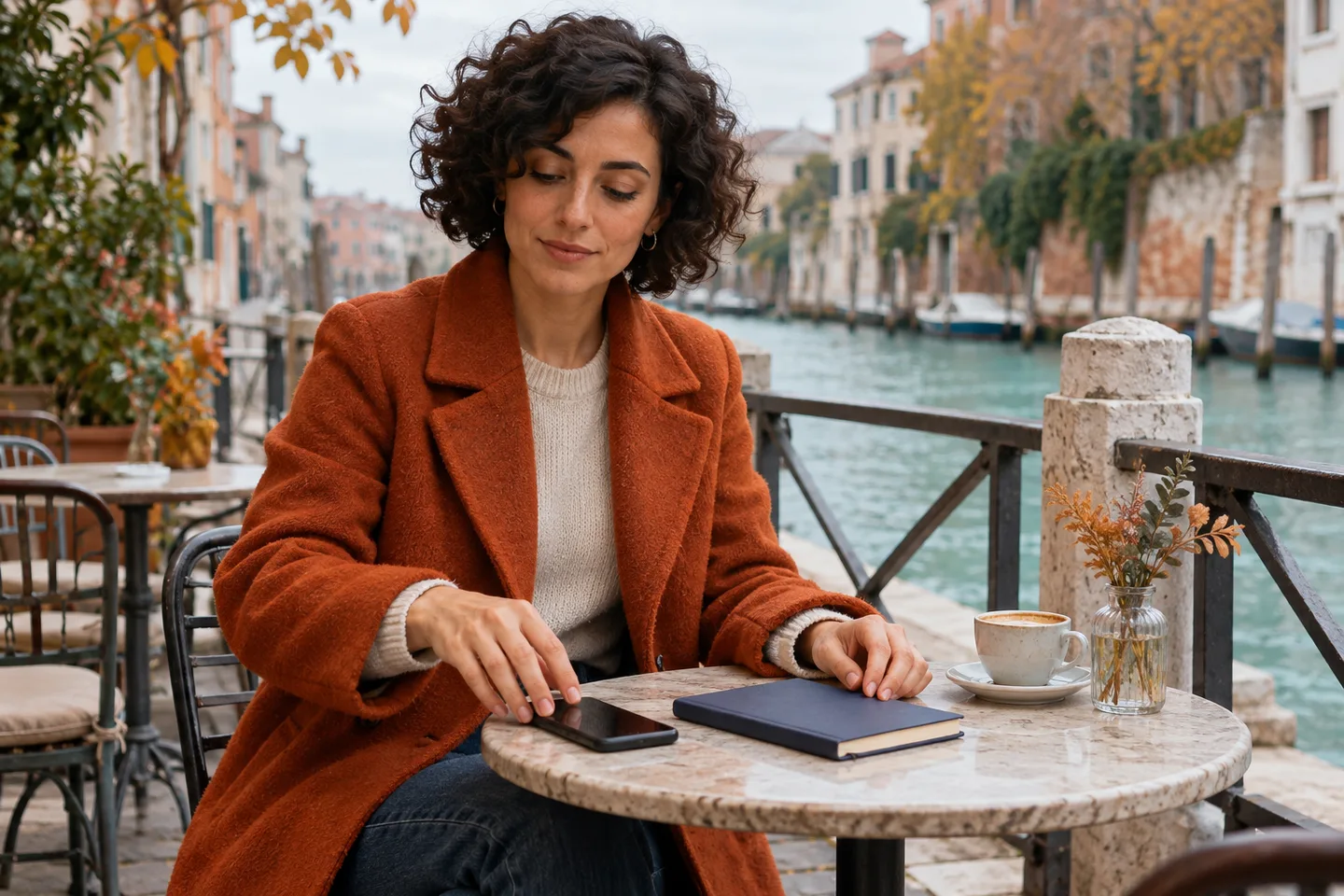 Erwachsene Frau im rostroten Mantel legt an einem türkisfarbenen Kanalcafé ein Telefon neben ein geschlossenes Notizbuch