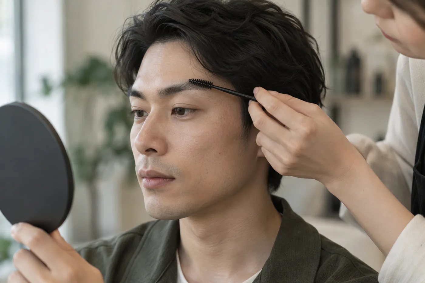サロンの鏡で自分の眉をやさしくブラシで整える成人男性