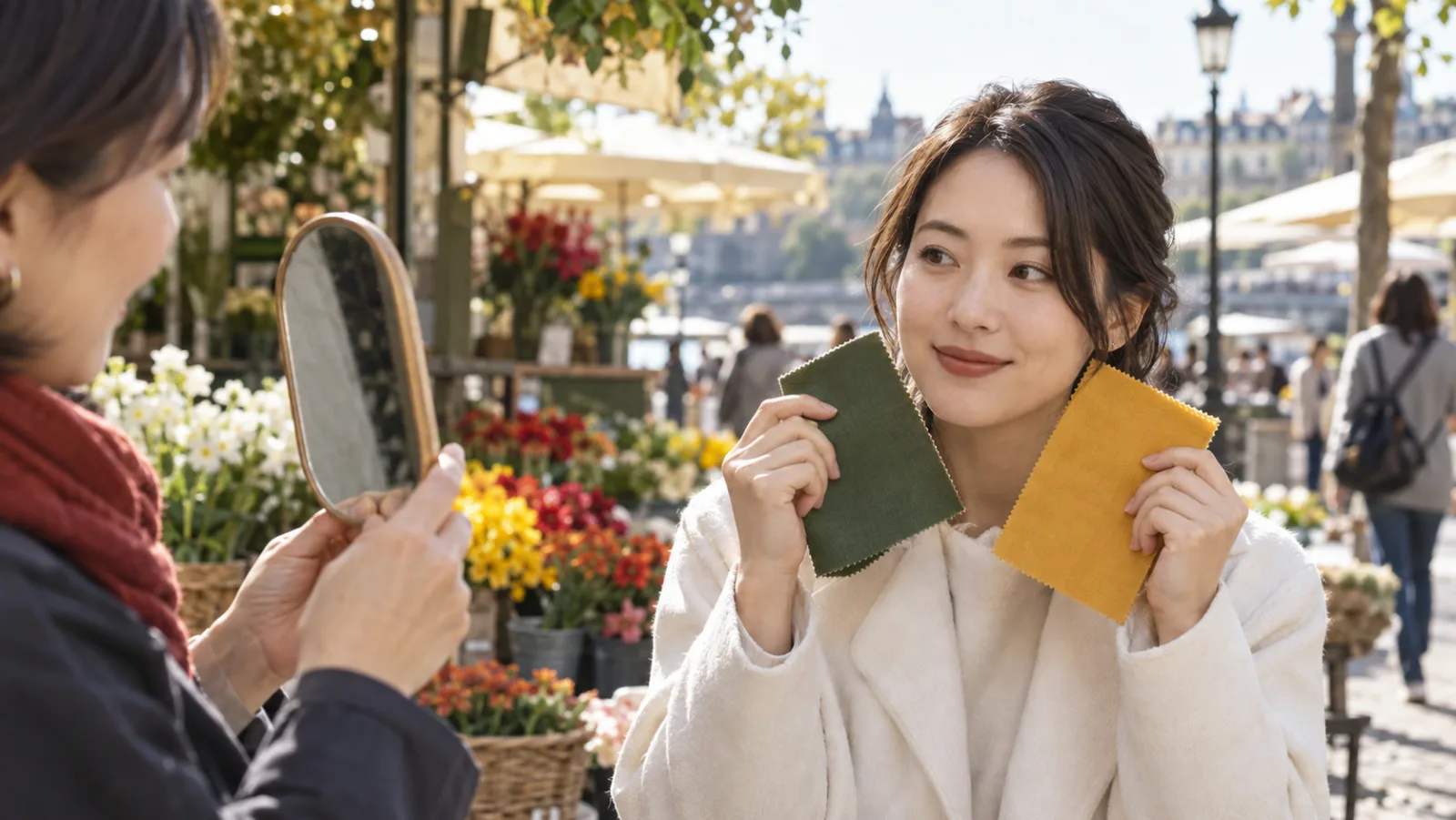屋外の花市場で、友人と手鏡を使いながら顔の近くで布の色を比べる成人女性