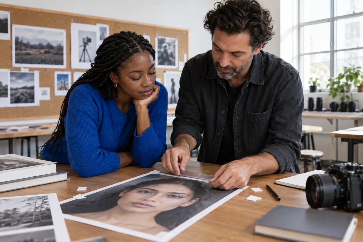 Una estudiante adulta y un profesor de fotografía revisan puntos coherentes con una regla transparente sobre un retrato sin anotaciones