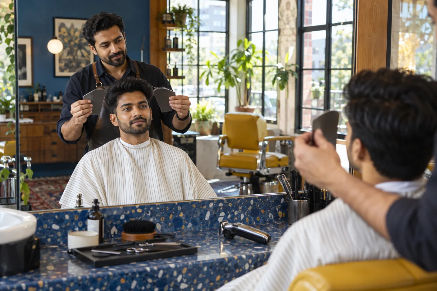 Un hombre adulto y su barbero comparan dos guías removibles de volumen capilar antes de cortar