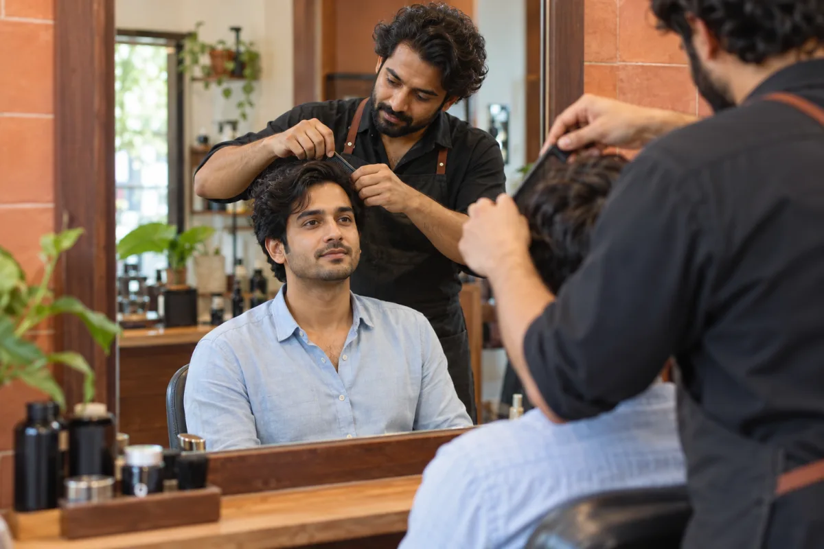 Coiffeur adulte déplaçant doucement les mèches avant d’un client avec un peigne pendant une consultation sans coupe
