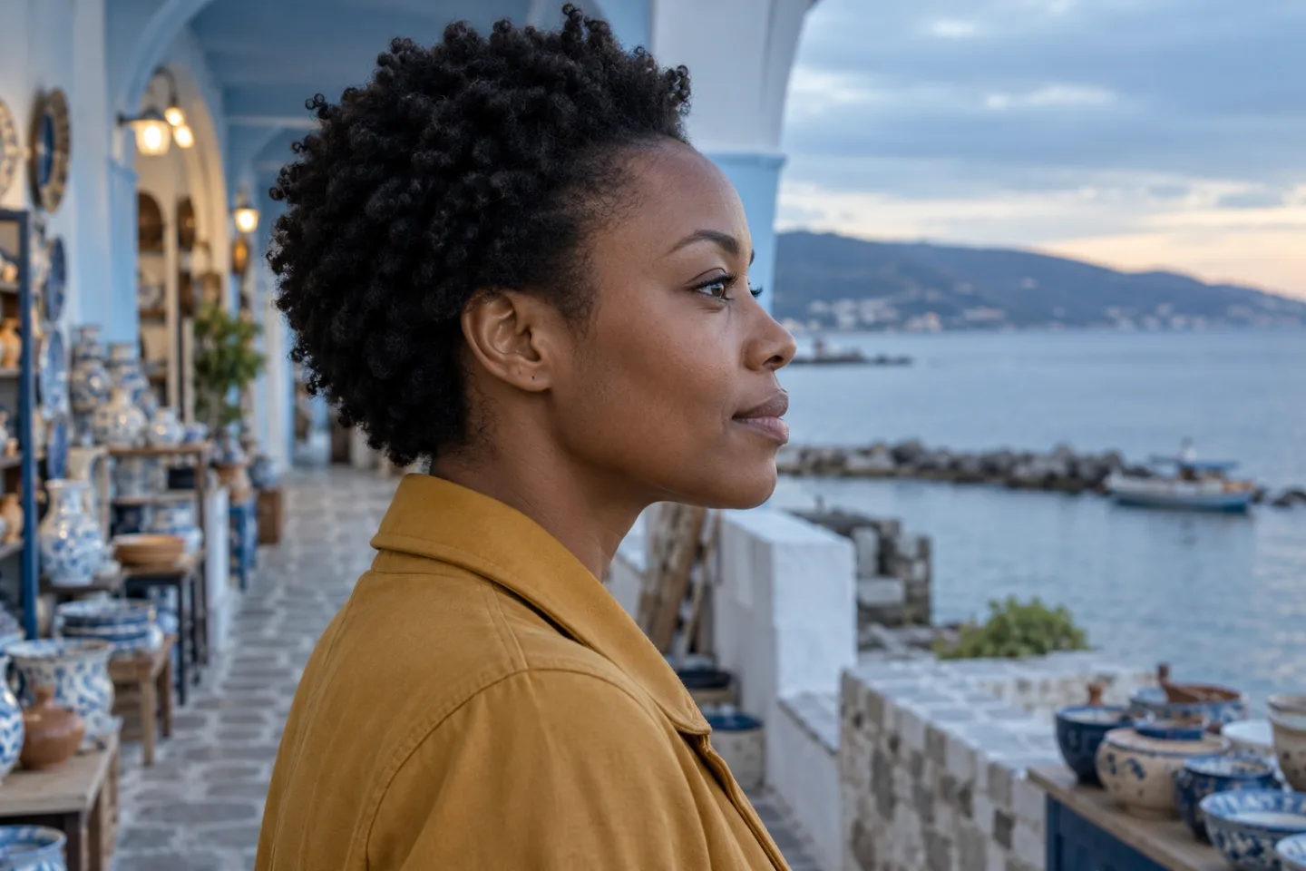 Femme adulte en veste ocre photographiée de profil près d’une arcade bleu pâle au bord de la mer, le front dégagé
