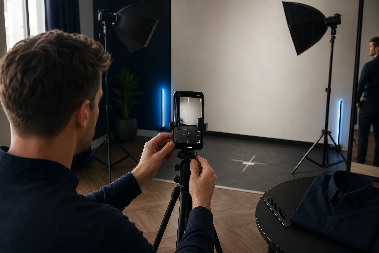 Over-the-shoulder MogRise photo setup with a tripod phone, balanced lights, alignment mark and dark grooming outfit