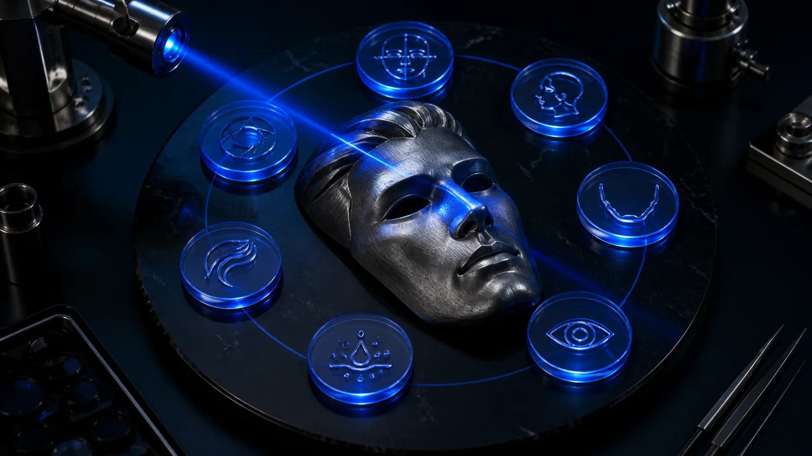Metal face mask surrounded by seven glowing blue category tokens in an optical FaceScore calibration laboratory