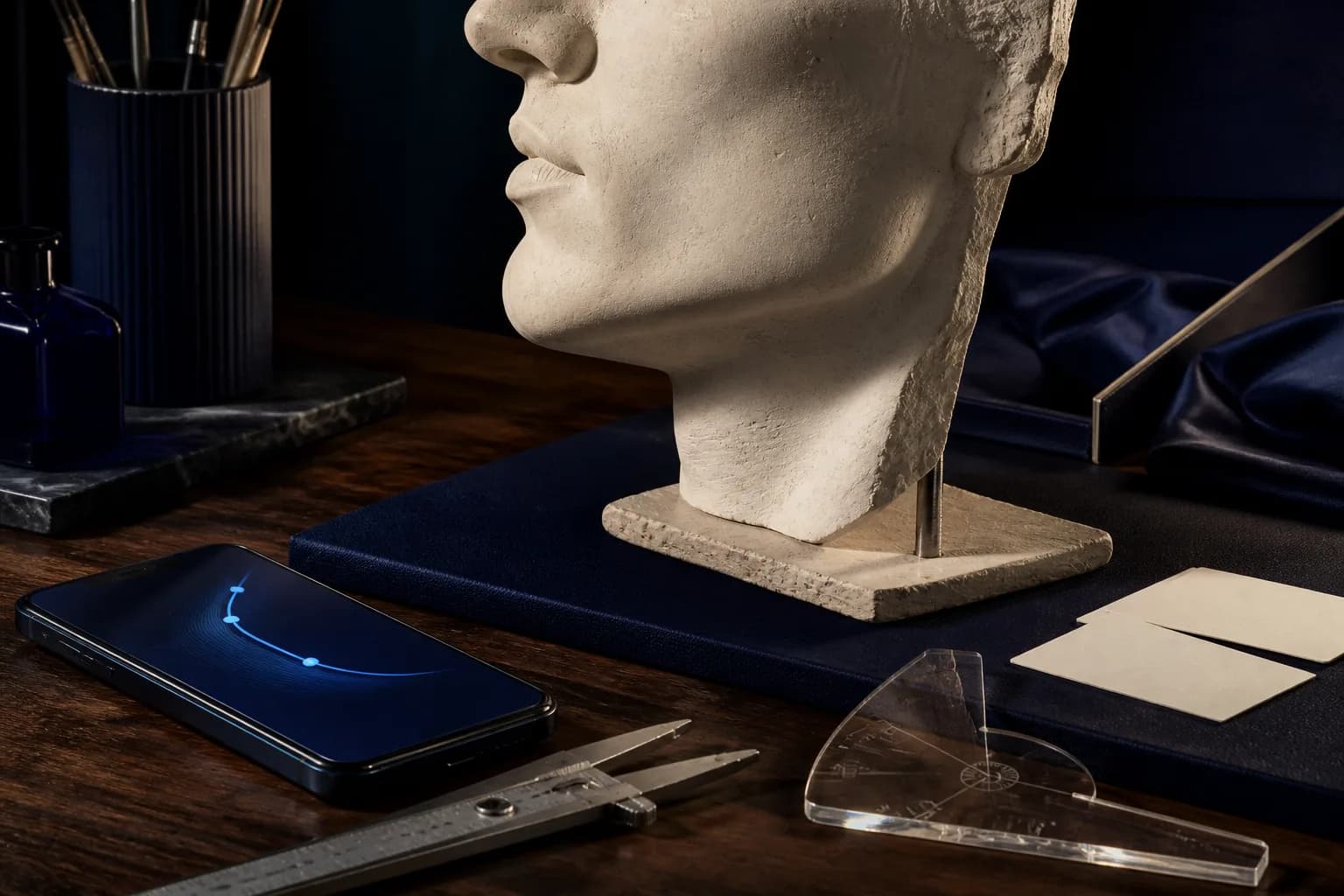 MogRise free jawline analyzer still life with a sculpted jaw model, smartphone, calipers and blue planning tools