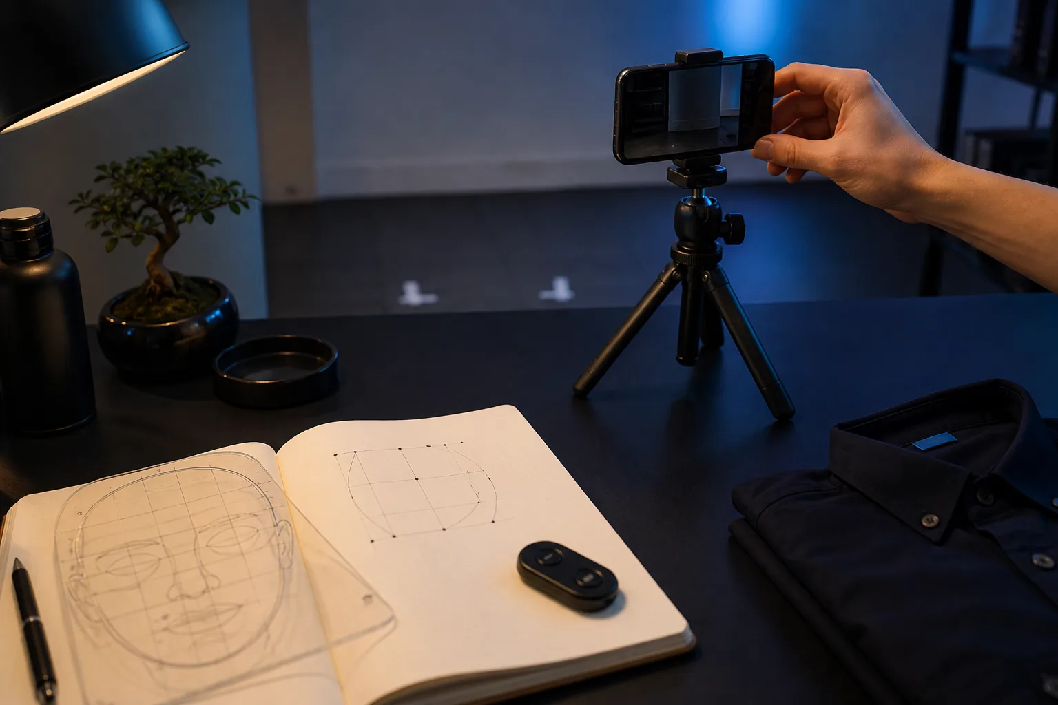Free PSL scale test photo setup with a phone tripod, camera remote, face proportion template and dark shirt