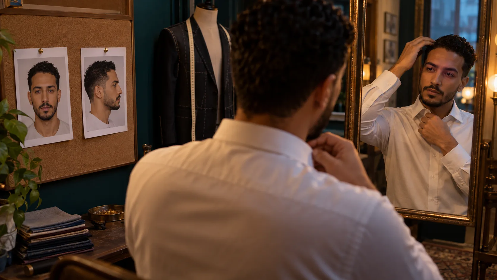 Adult man compares unmarked front and profile portraits while checking a simple collar and hairstyle in a tailor's mirror