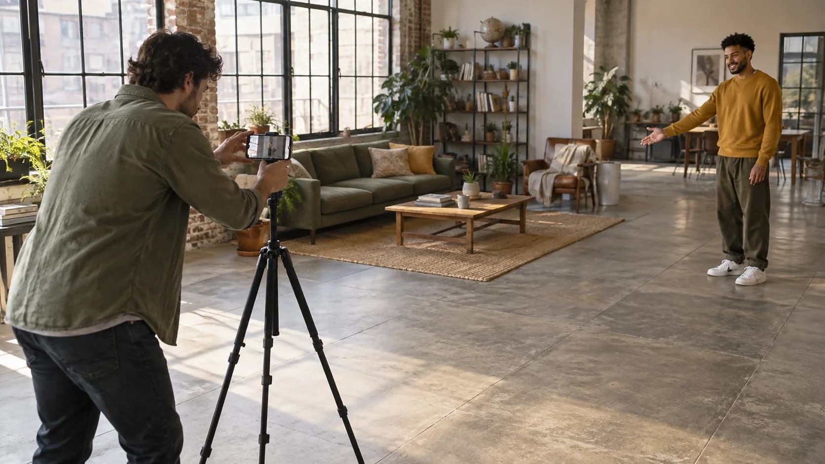 Adult man and photographer keep a comfortable camera distance in a bright loft while setting up a phone portrait