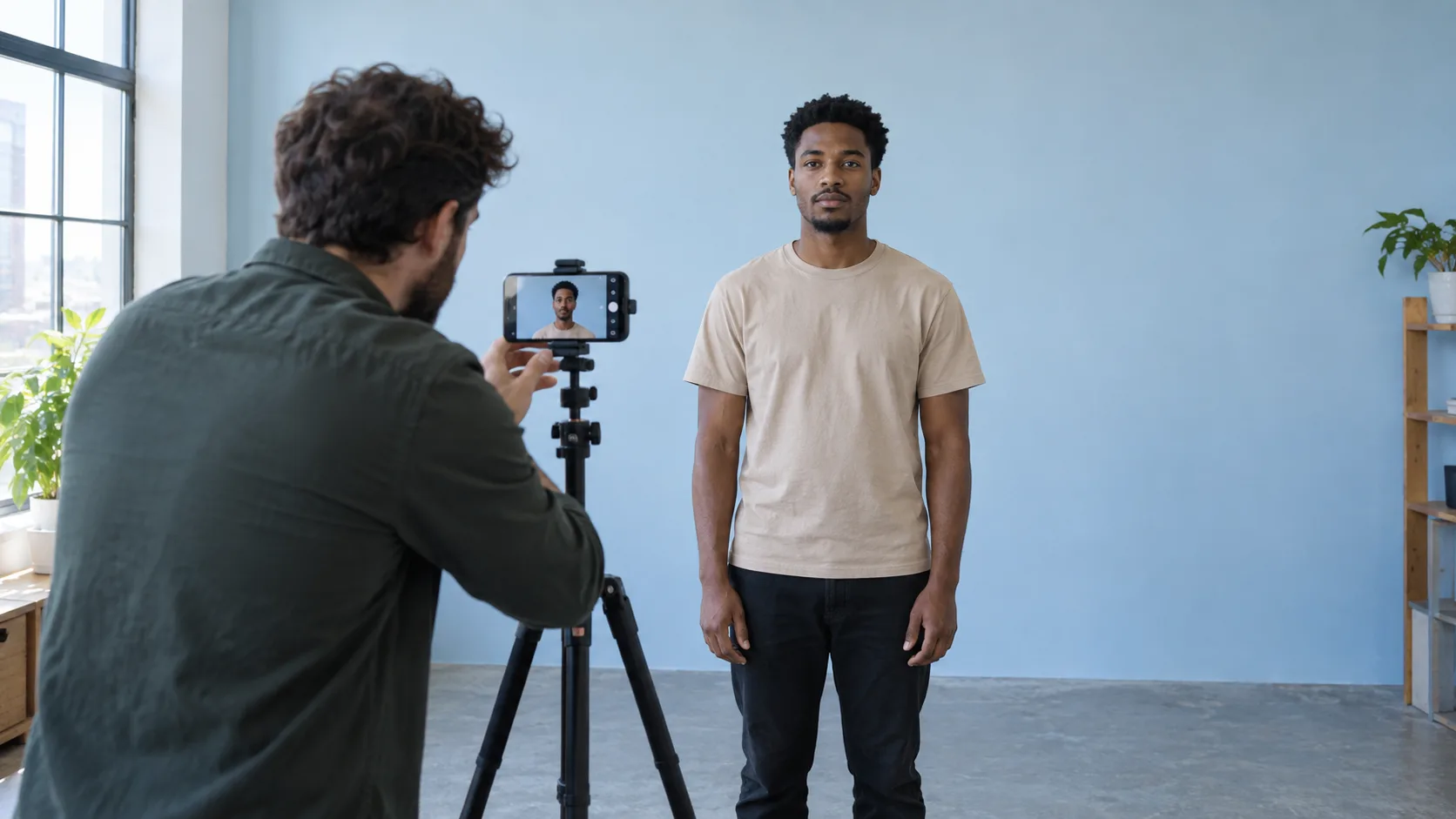 Adult man stands neutrally for a straight-on portrait while a photographer holds an eye-level phone on a tripod