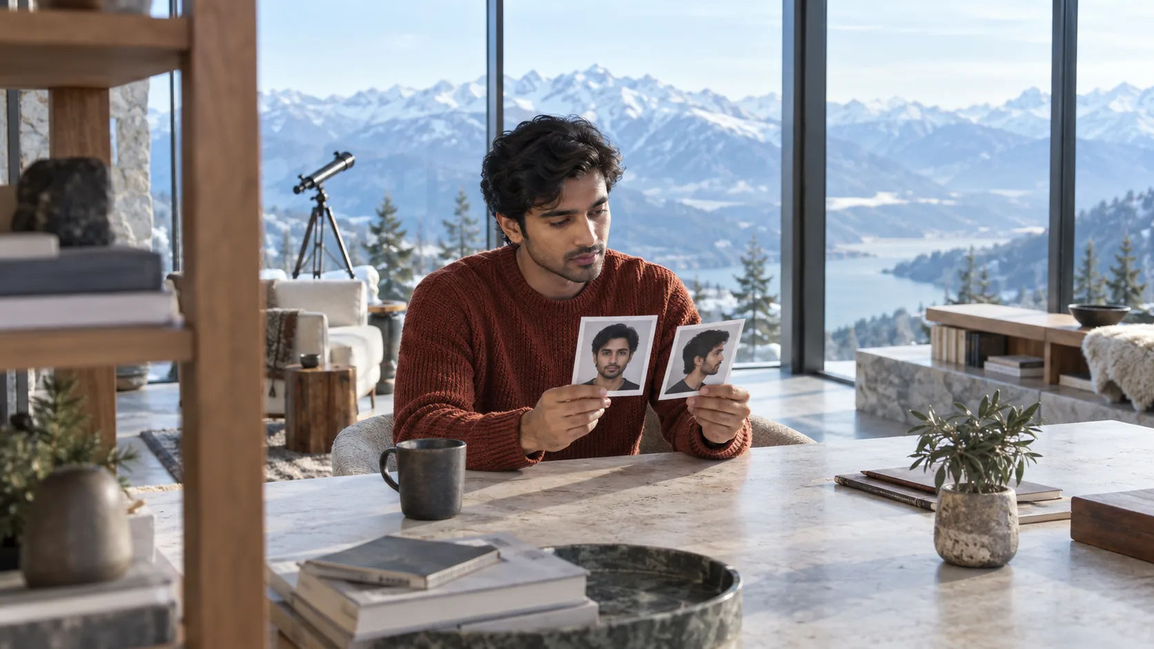 Adult man compares unmarked front and side-profile portraits at a mountain observatory table