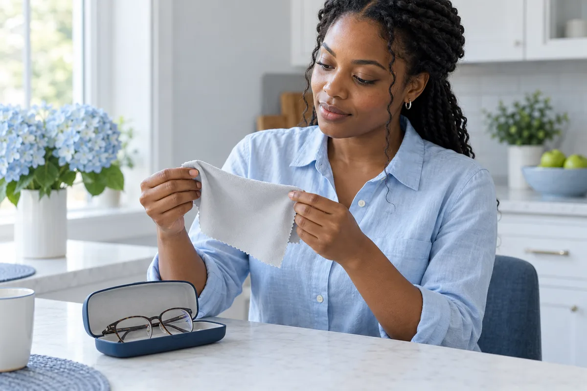 Mujer adulta con camisa azul revisa un paño gris desplegado mientras unas gafas descansan dentro de un estuche abierto