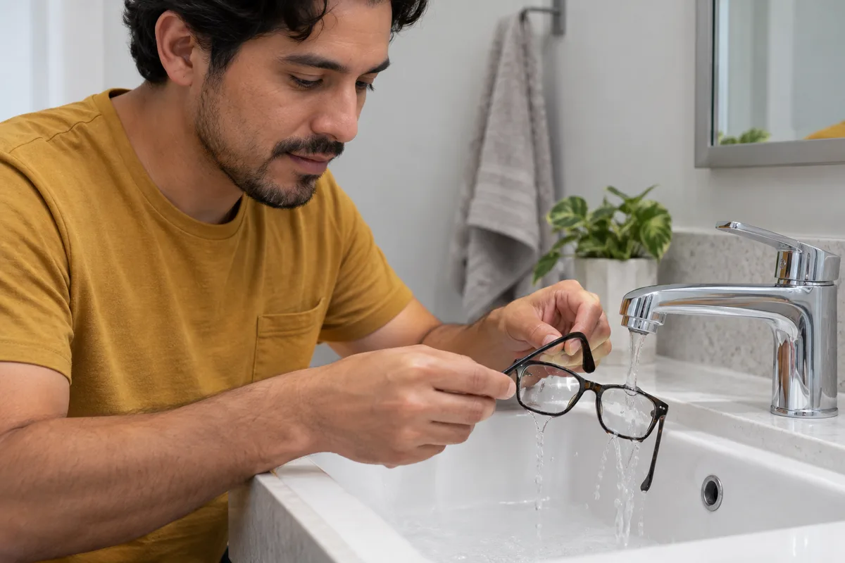 Hombre adulto sostiene unas gafas corrientes bajo un chorro fino de agua sobre un lavabo limpio