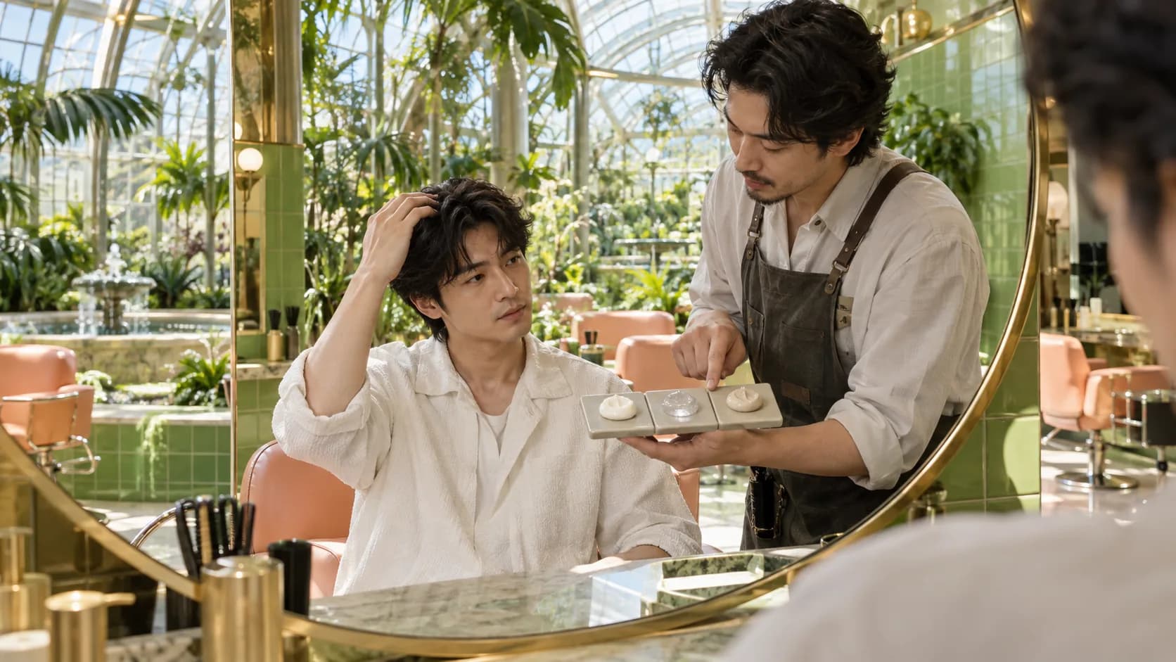 Adult barber and client compare three unbranded hair-product textures in a bright botanical salon