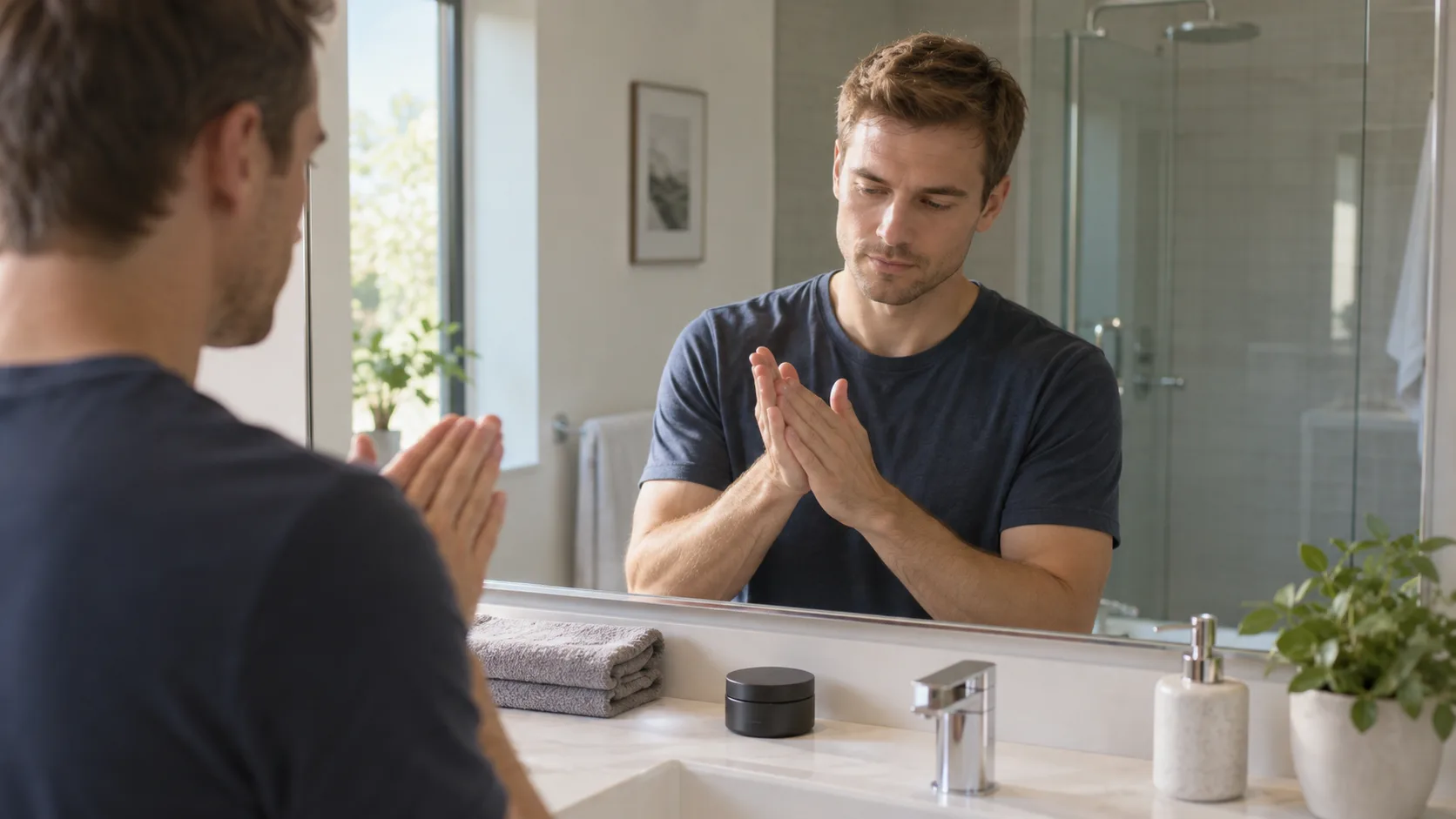 Adult man warms a small amount of hair product evenly between his palms at a bathroom mirror