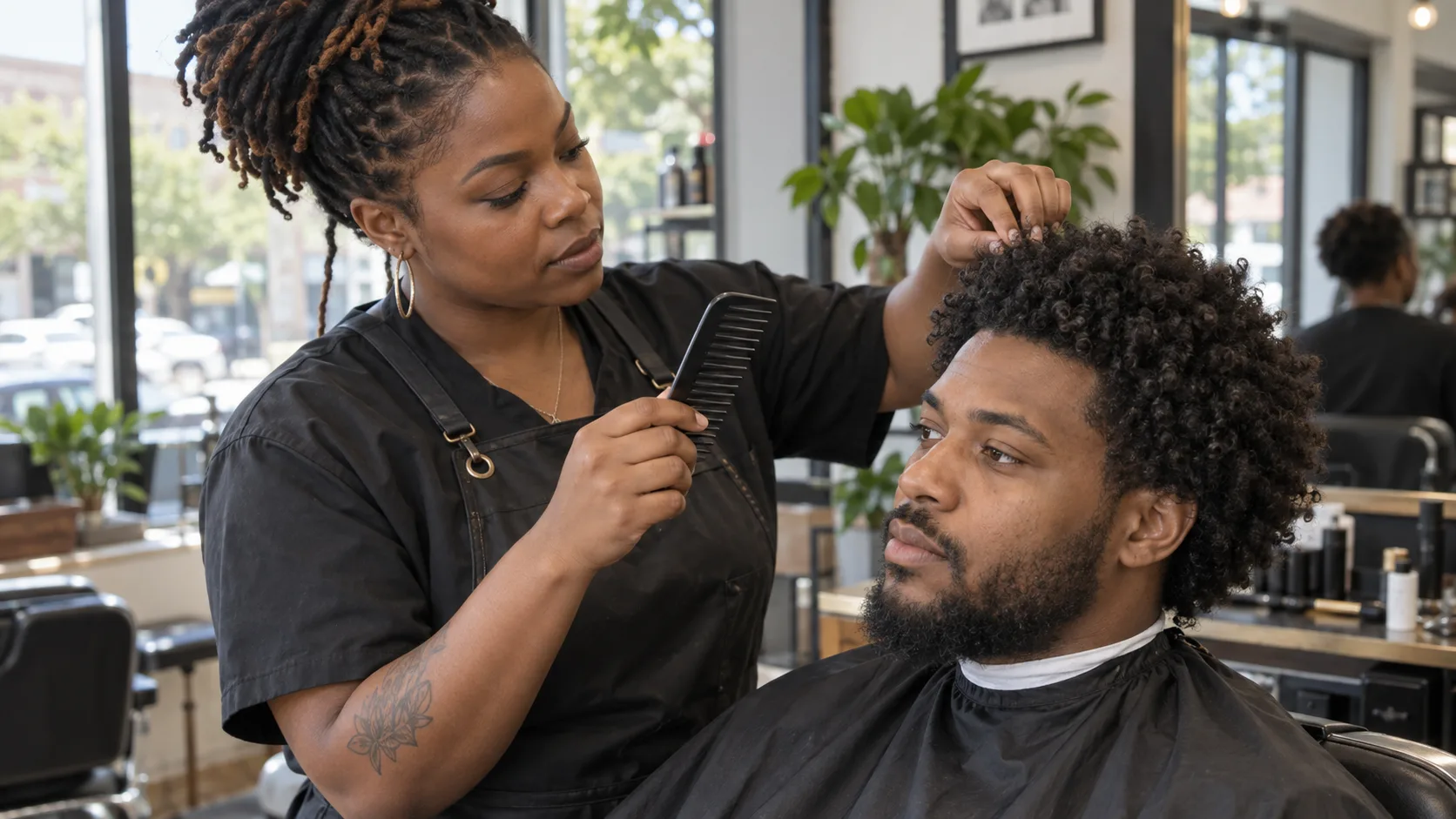 Adult barber checks a client's dense curly hair with fingers and a wide-tooth comb