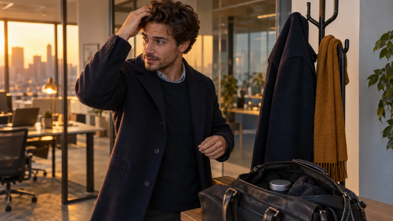 Adult man gently reshapes his flexible hairstyle with clean fingers near an office coat rack