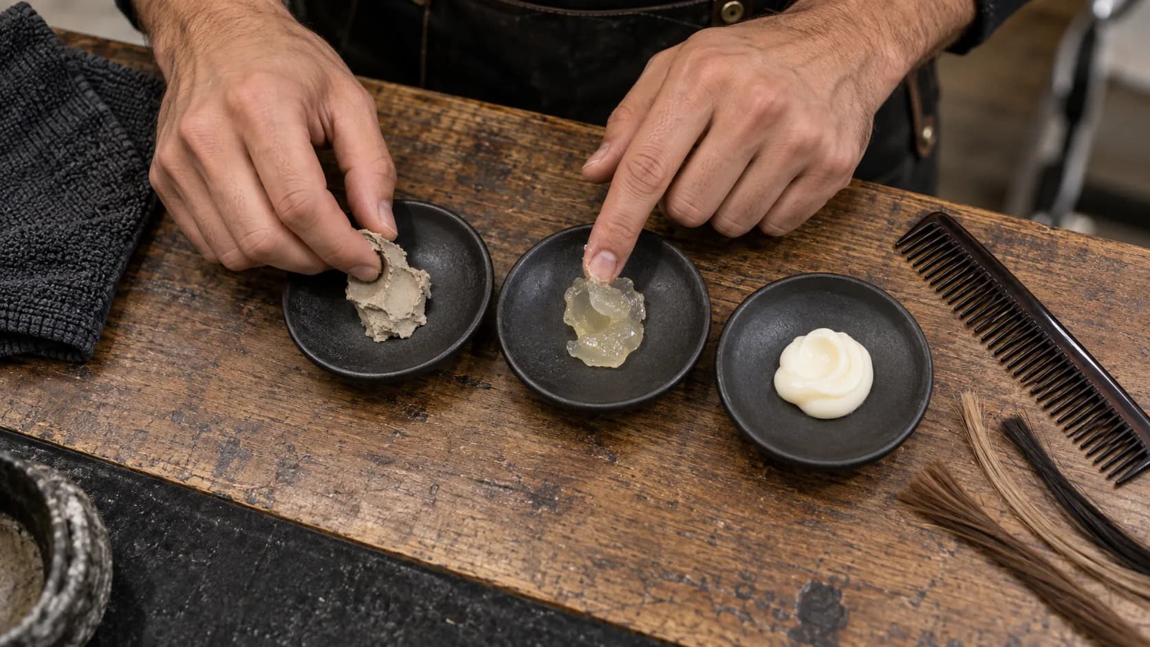 Adult hands compare matte clay, flexible paste and soft cream on three plain ceramic dishes