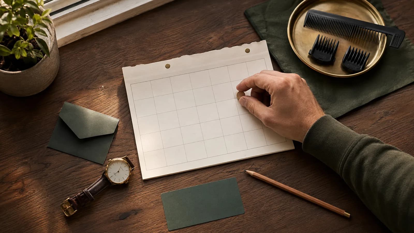 Adult hand placing a wooden marker on a blank calendar beside a budget envelope, comb, watch and clipper guards