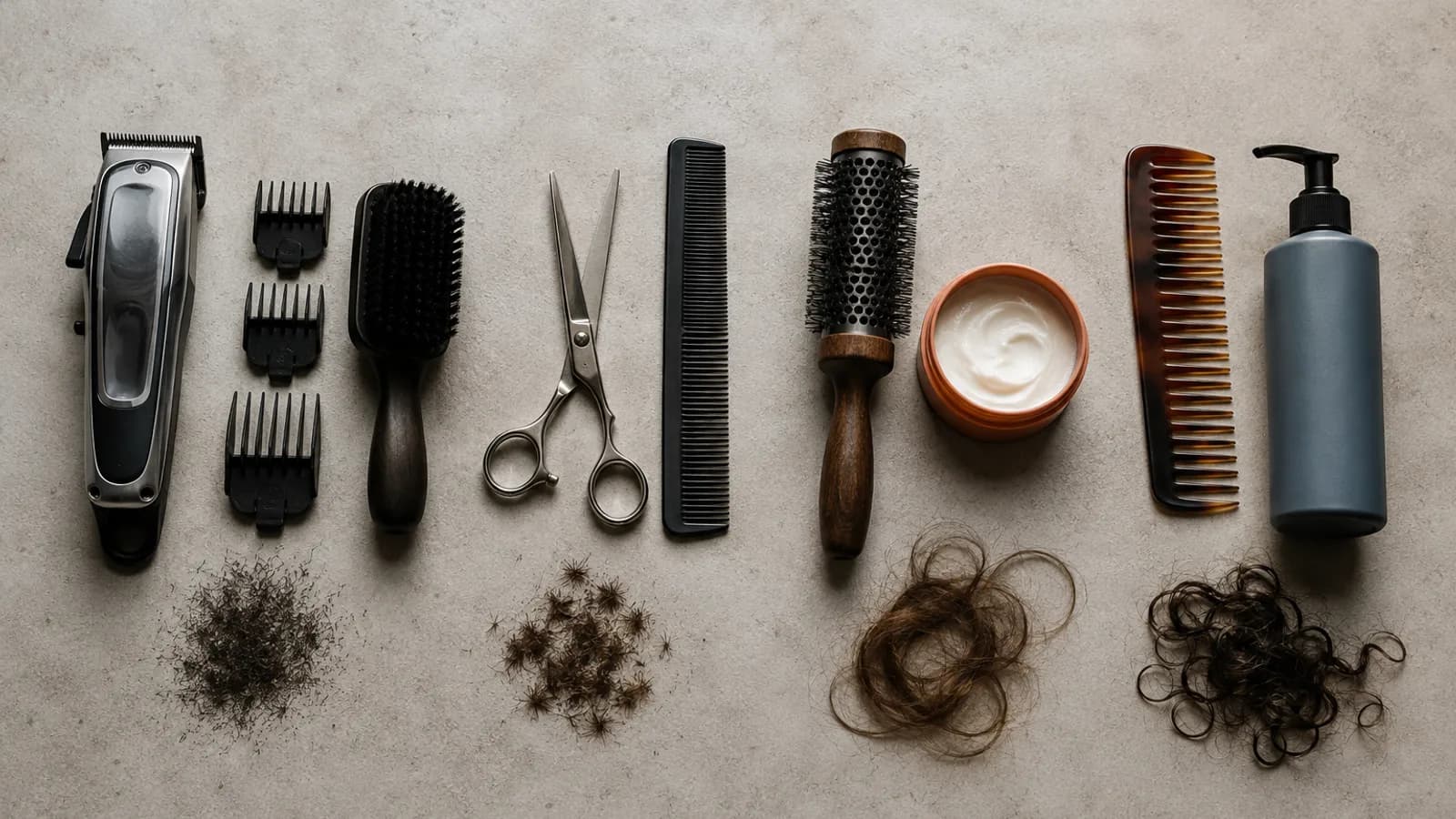 Top-down arrangement of clipper guards, scissors, brushes and combs representing maintenance needs for very short, short, medium and curly hair