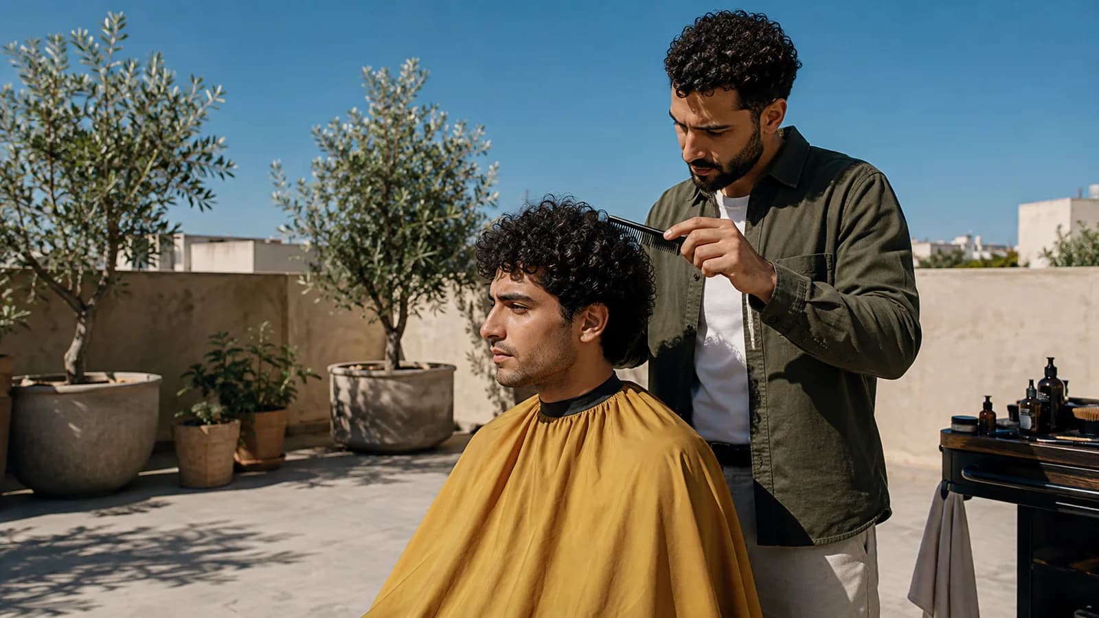 Adult man with medium curls having his haircut silhouette checked by a barber on a sunny rooftop garden