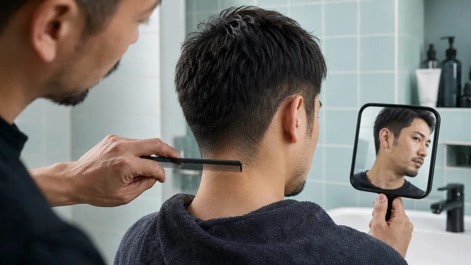 Adult man viewing the neckline and side shape of a grown short taper in a handheld mirror while a barber indicates the outline with a comb