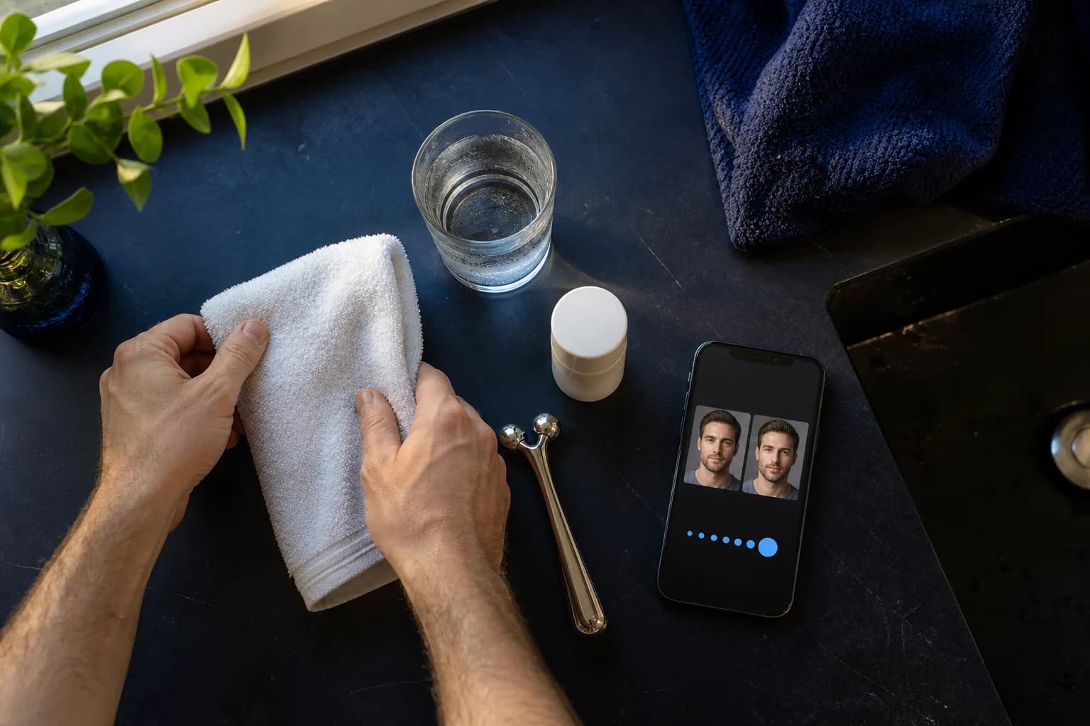 Overhead morning face depuff setup with a cool towel, water, face roller, moisturizer and photo comparison on a phone