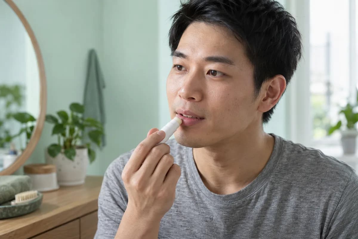 Adult man in a grey shirt gently applies a plain balm stick to his lower lip in a mint dressing area
