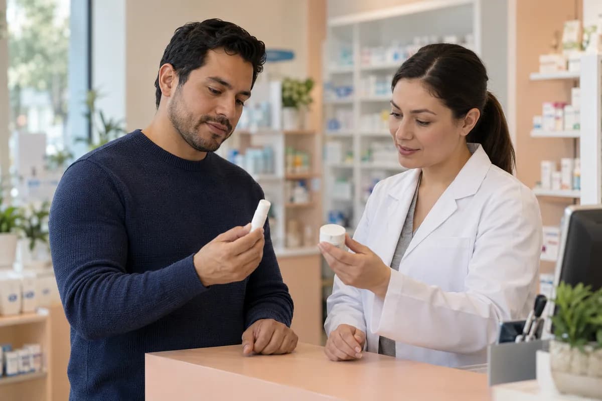 Adult customer and pharmacist compare a plain balm stick and closed white pot at a peach pharmacy counter