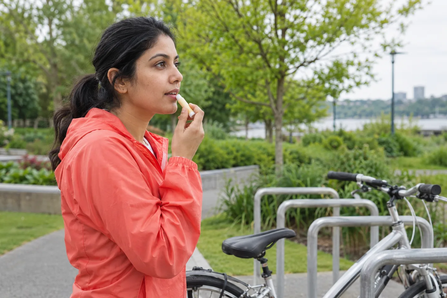 Adult woman in a coral windbreaker applies a plain lip balm beside a bicycle rack in a green park