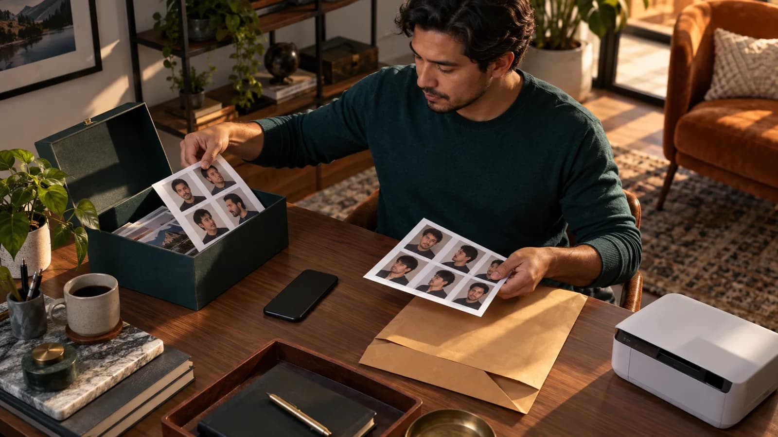 Adult man sorts portrait contact sheets between an archive box and recycling envelope beside a face-down phone