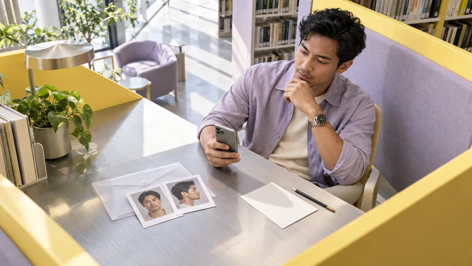 Adult man reviews a phone beside front and profile portrait prints in a bright modern library privacy alcove