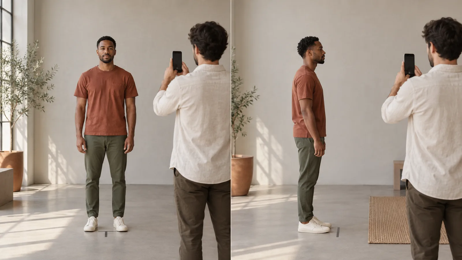 Adult man photographed from the front and profile against a plain studio wall using a repeatable eye-level setup