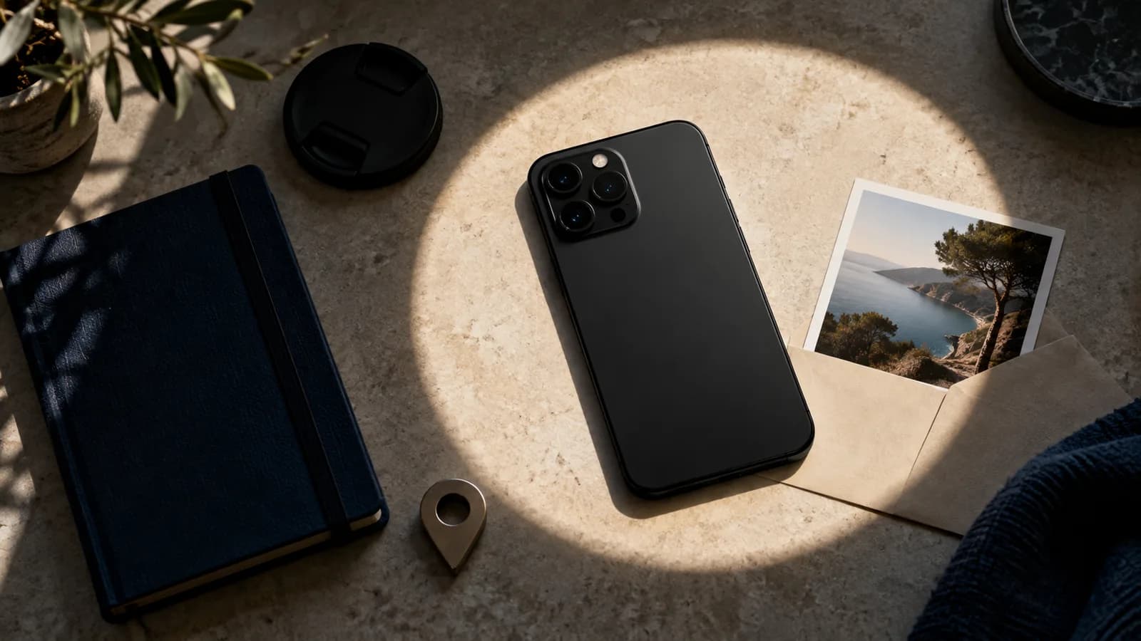 Face-down smartphone and photo envelope separated from unrelated permission objects on a stone table