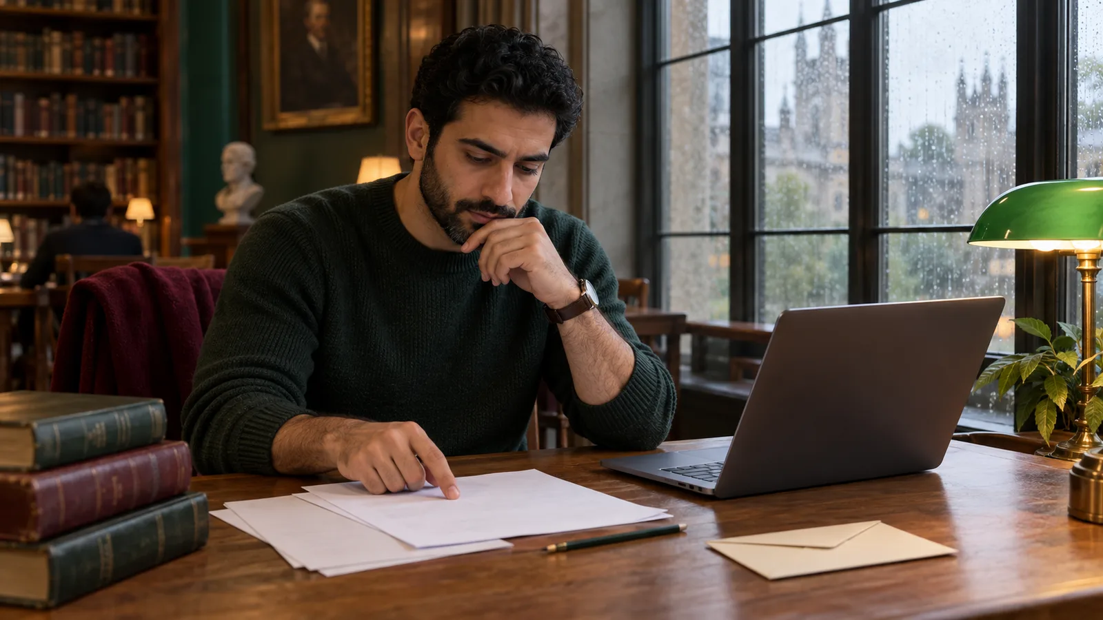 Adult man carefully reviews blank policy pages beside a closed laptop at a rainy-window library table