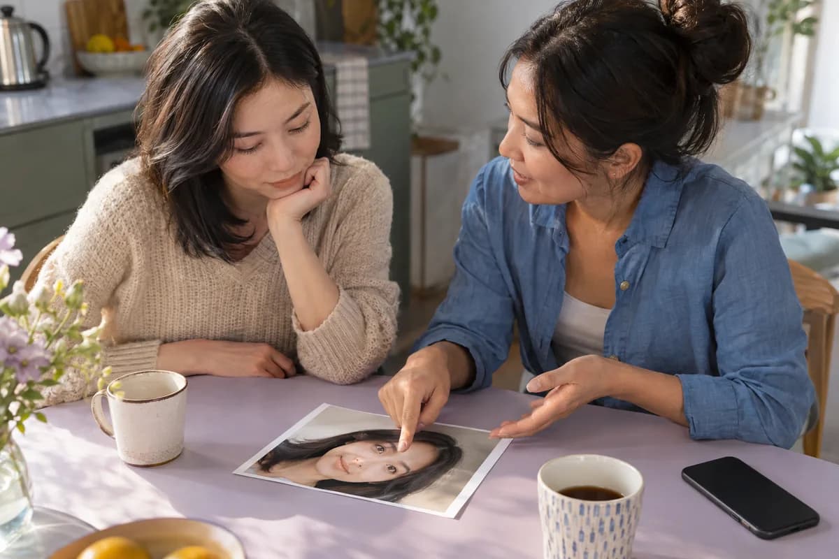Zwei erwachsene Frauen besprechen einen unbeschrifteten Porträtabzug an einem lavendelfarbenen Küchentisch neben einem umgedrehten Smartphone