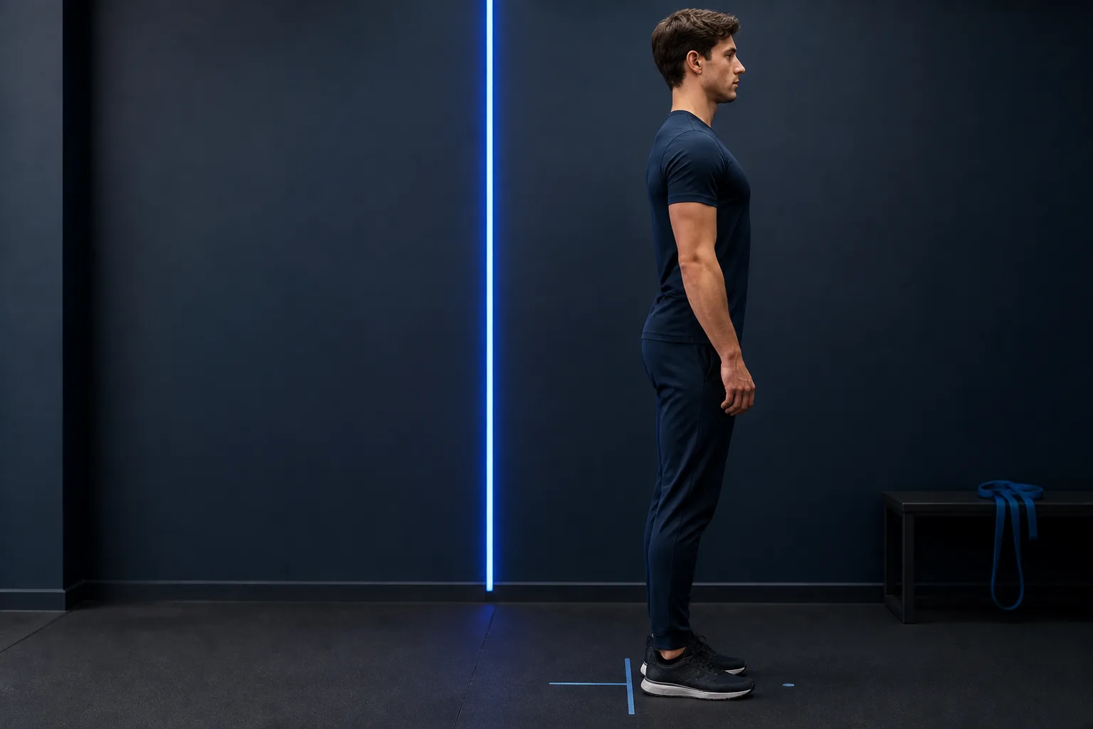 Man practicing LooksMax posture in side view beside a royal-blue alignment light in a dark navy movement studio