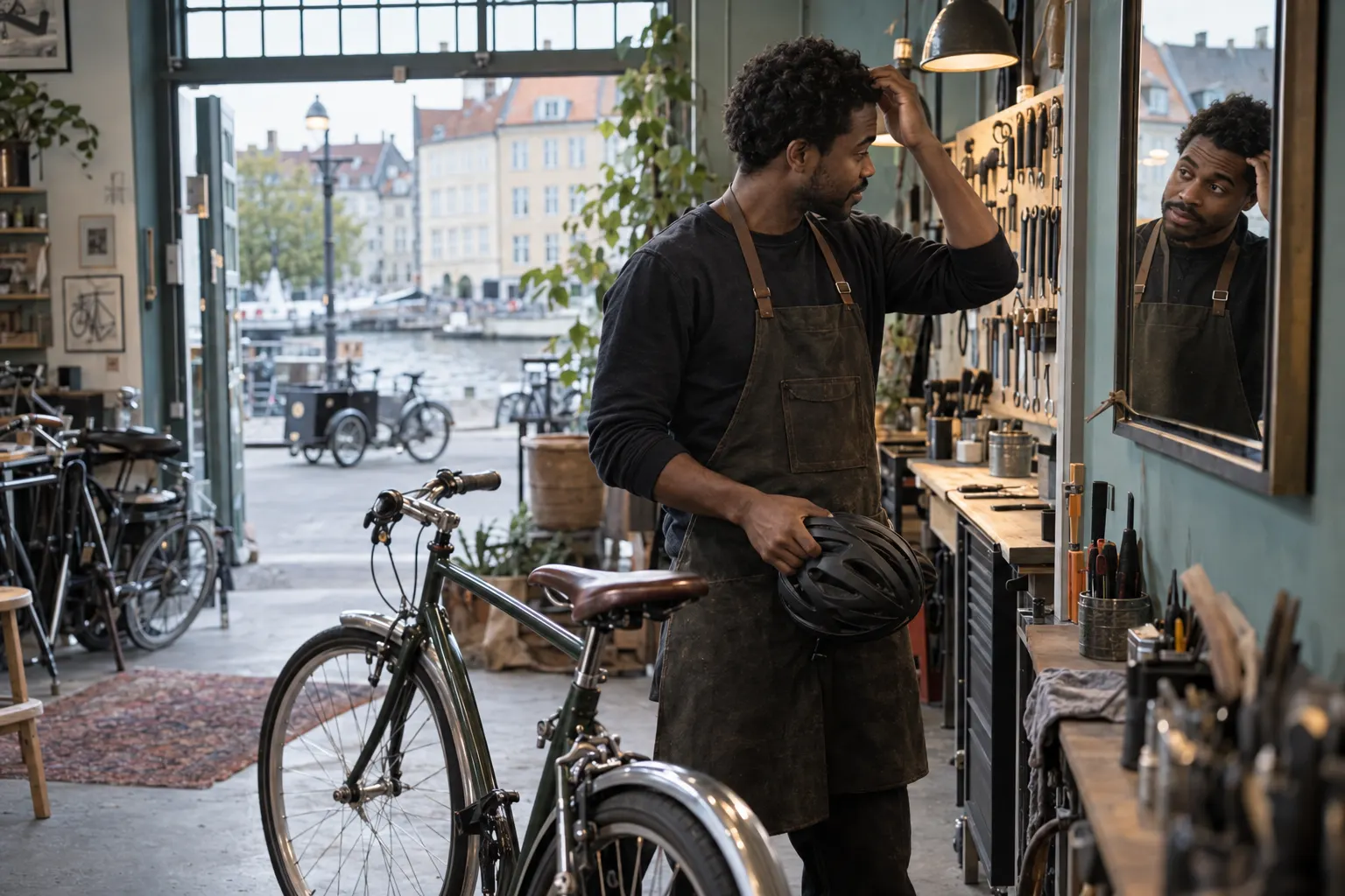 Voksen syklist ser på den naturlige frisyren sin etter pendling i et sykkelverksted i København