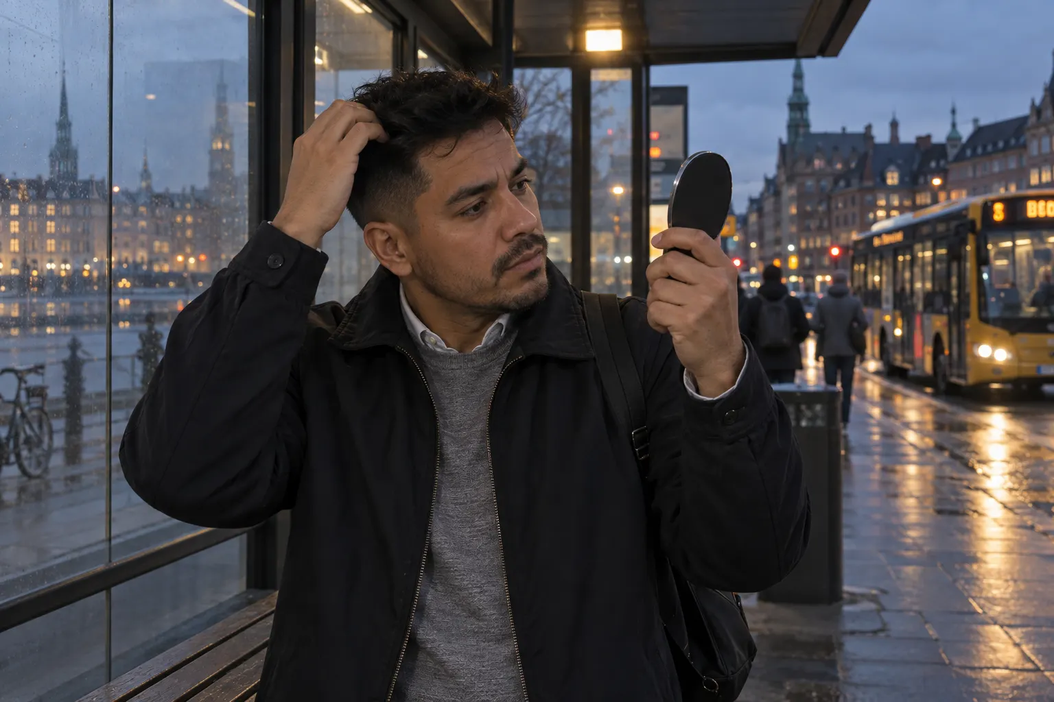 Voksen pendler sjekker den naturlige formen på frisyren sin ved et busstopp etter arbeidsdagen