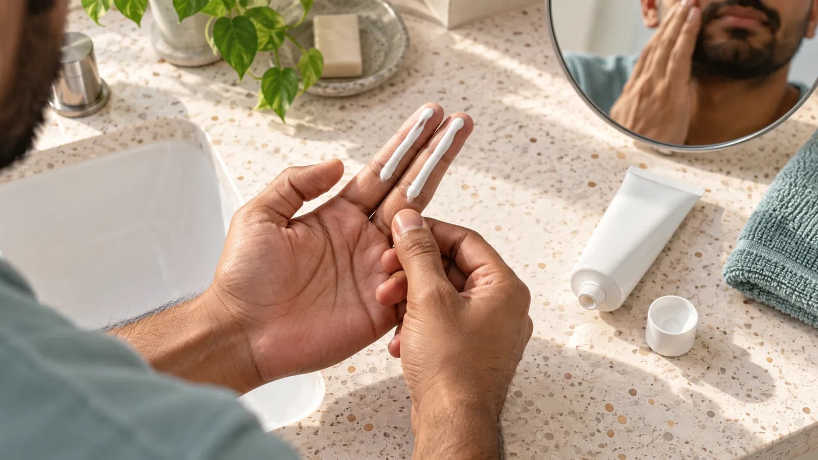 Adult man's hands hold two even lines of white facial sunscreen on two fingers above a sunlit terrazzo sink
