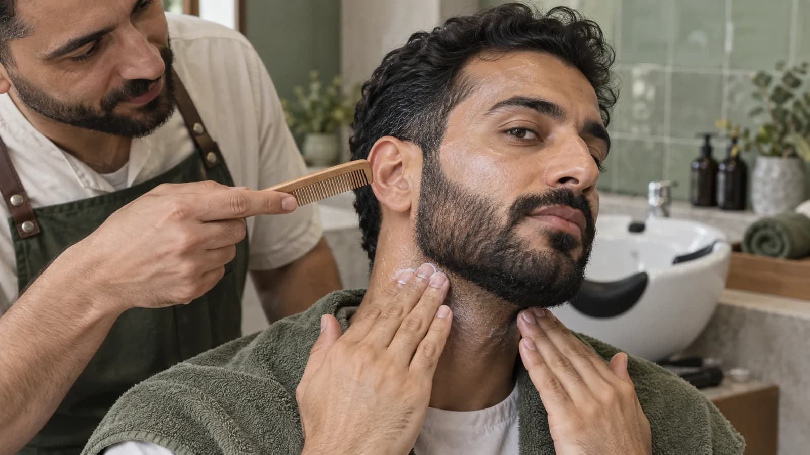 Adult bearded man applies facial sunscreen around the neck and beard edge while a barber indicates the often-missed ear area