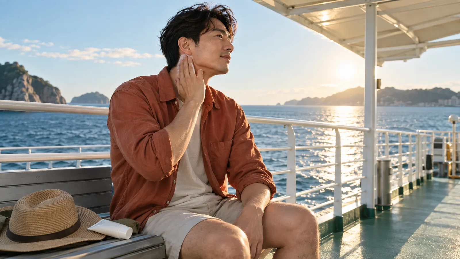 Adult man applies facial sunscreen to his ear and neck on a sunlit coastal ferry deck