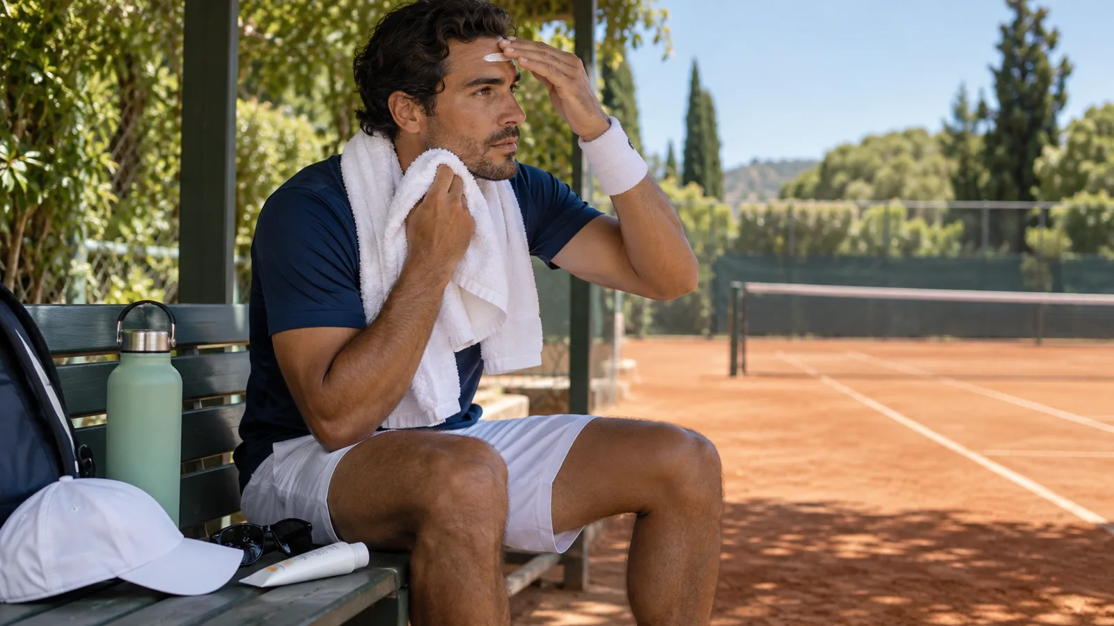 Adult tennis player pats sweat dry and reapplies sunscreen while seated in shade beside a cap and sunglasses