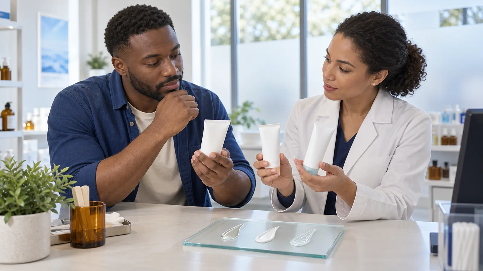 Adult man compares three unbranded facial sunscreen textures with a pharmacist at a bright consultation counter
