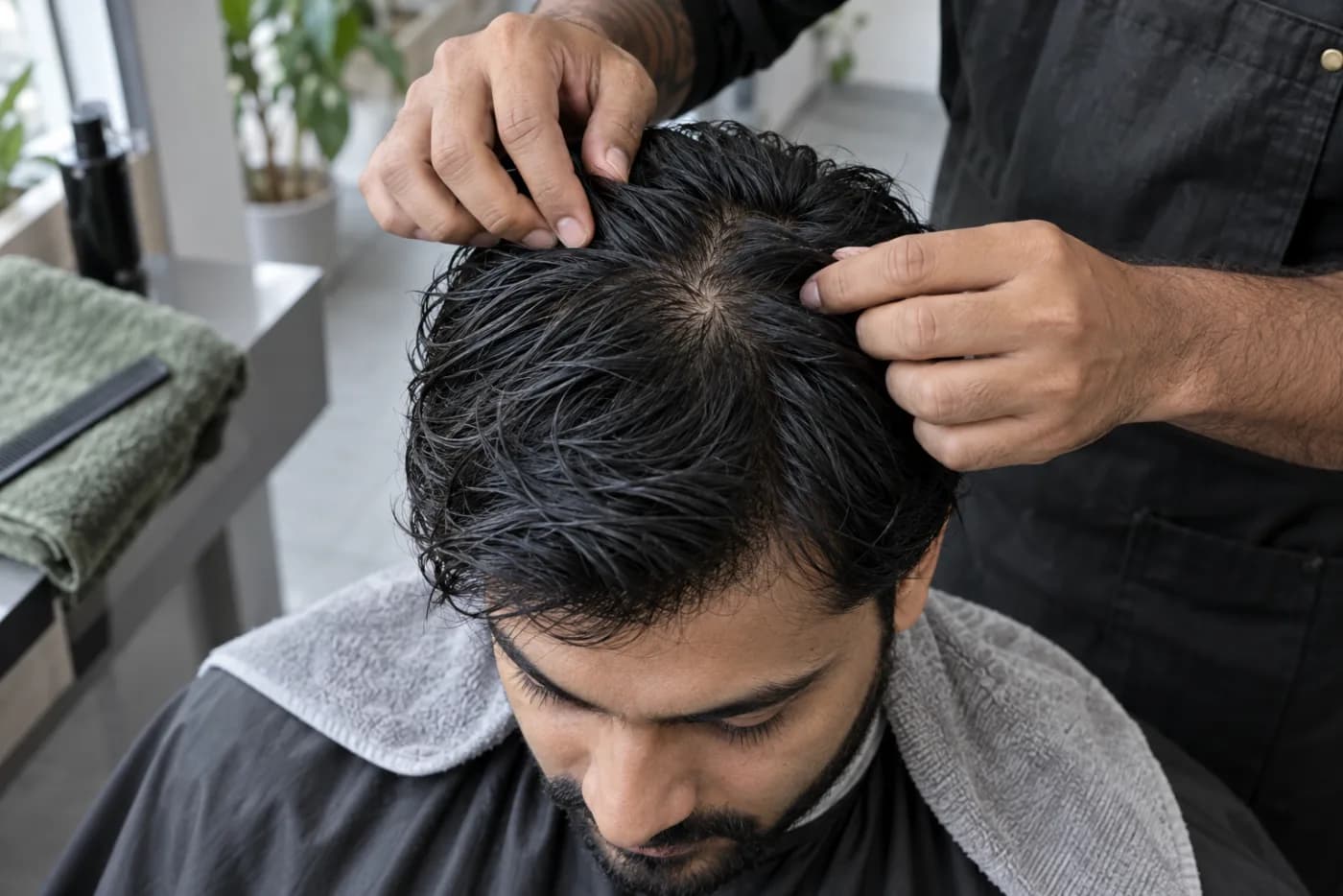 Barber sprawdza naturalny wir i kierunek nasady w wilgotnych włosach dorosłego mężczyzny