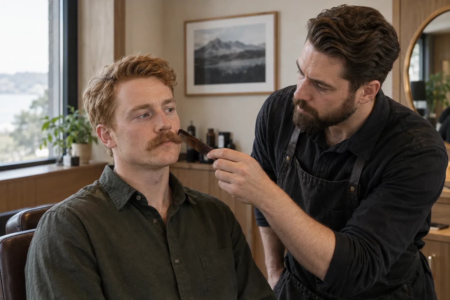 Vuxen kund med rödblond mustasch och barberare granskar växtriktningen med en kam före klippning