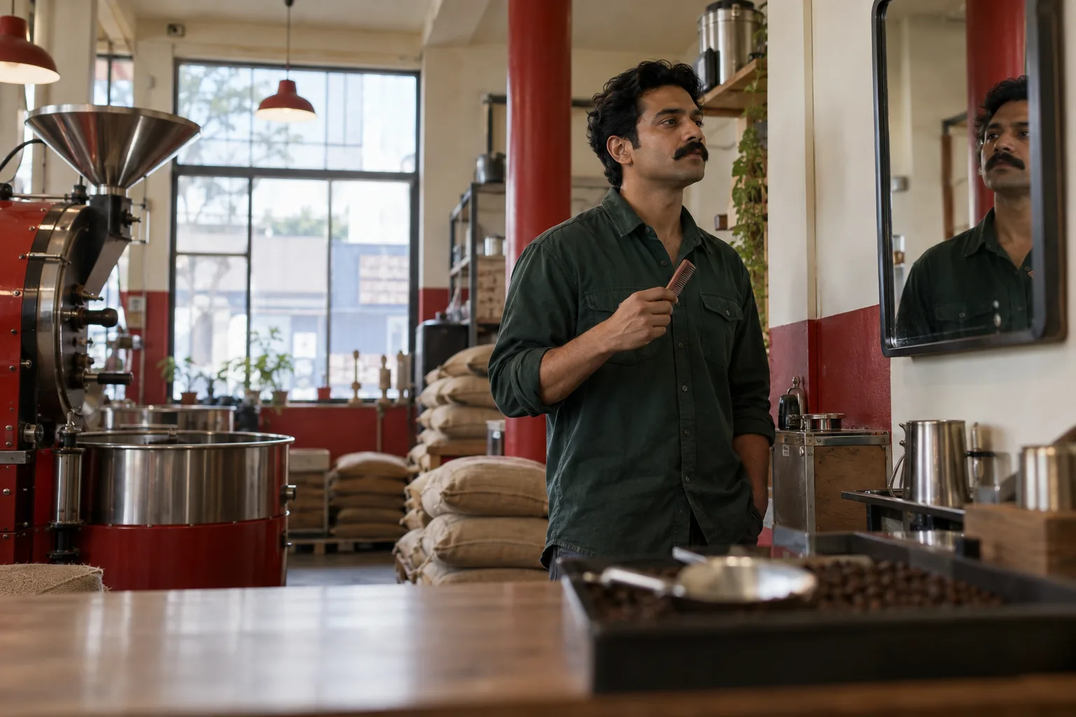 Vuxen man med naturlig mustasch håller en enkel kam vid en spegel i ett kafferosteri med gräddvita och röda detaljer