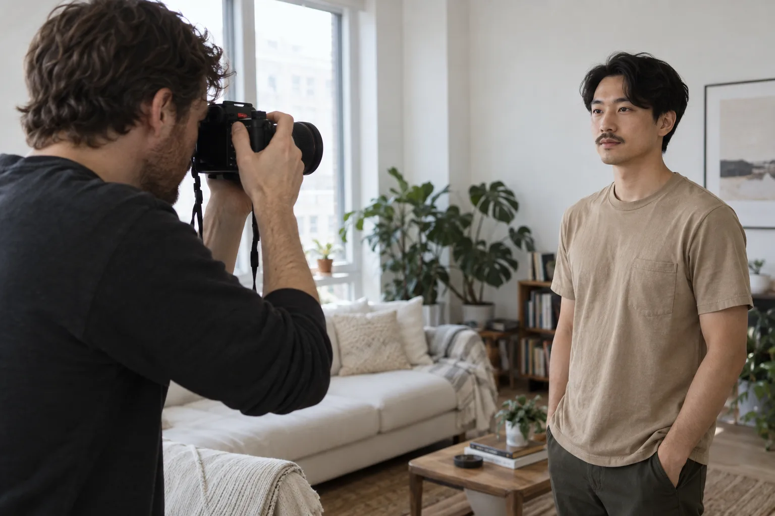 Vuxen vän håller en kamera i ögonhöjd och fotograferar en vuxen man med diskret mustasch några steg bort