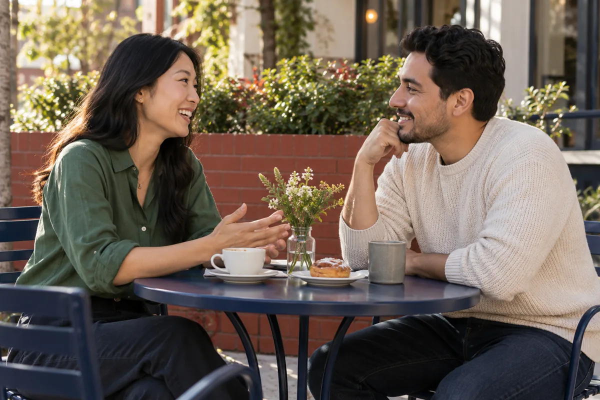Deux adultes sourient en discutant à une table de café bleu marine en extérieur, près de jardinières en briques