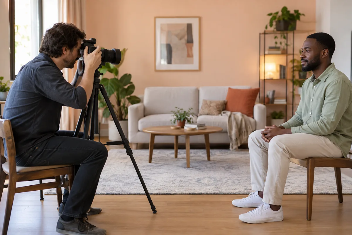 Adult man in a sage shirt sits several steps from a photographer using a visible eye-height camera and tripod in a peach living room